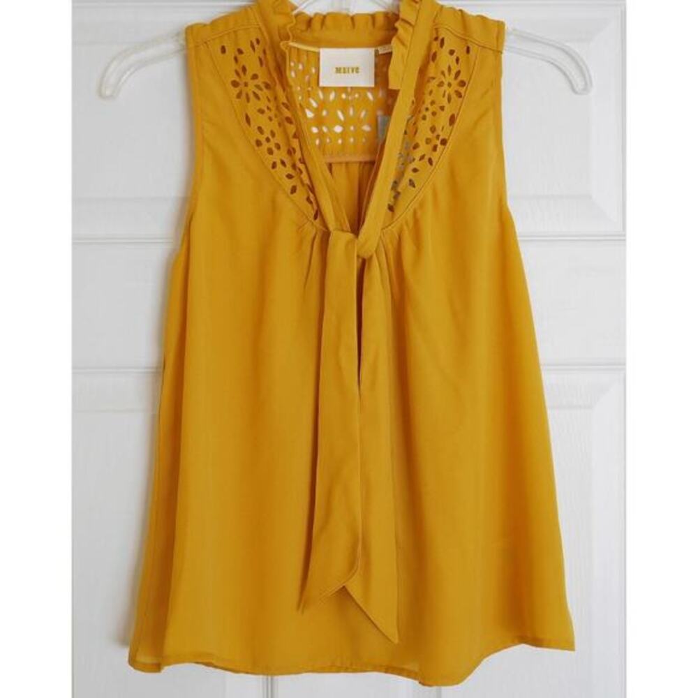 Anthropologie Luca Tie-Neck Blouse‎ by Maeve Medium 10 Yellow Laser Cut - Picture 2 of 8